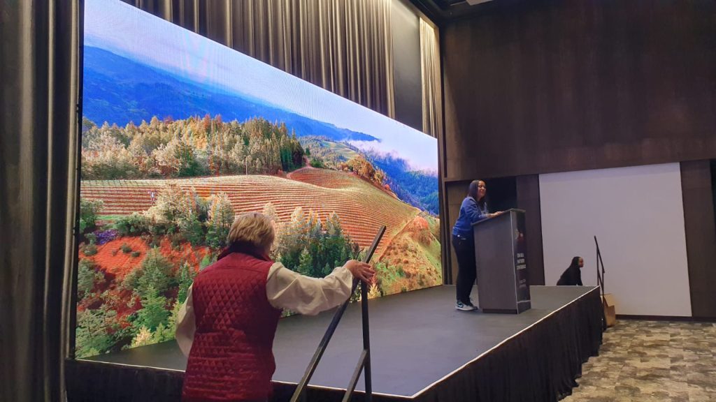 Wide LED wall showing a vineyard landscape behind a speaker